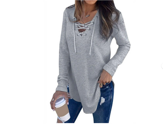 Nlife Women Long Sleeve Lace Up V Neck Long Sleeve Top XXL