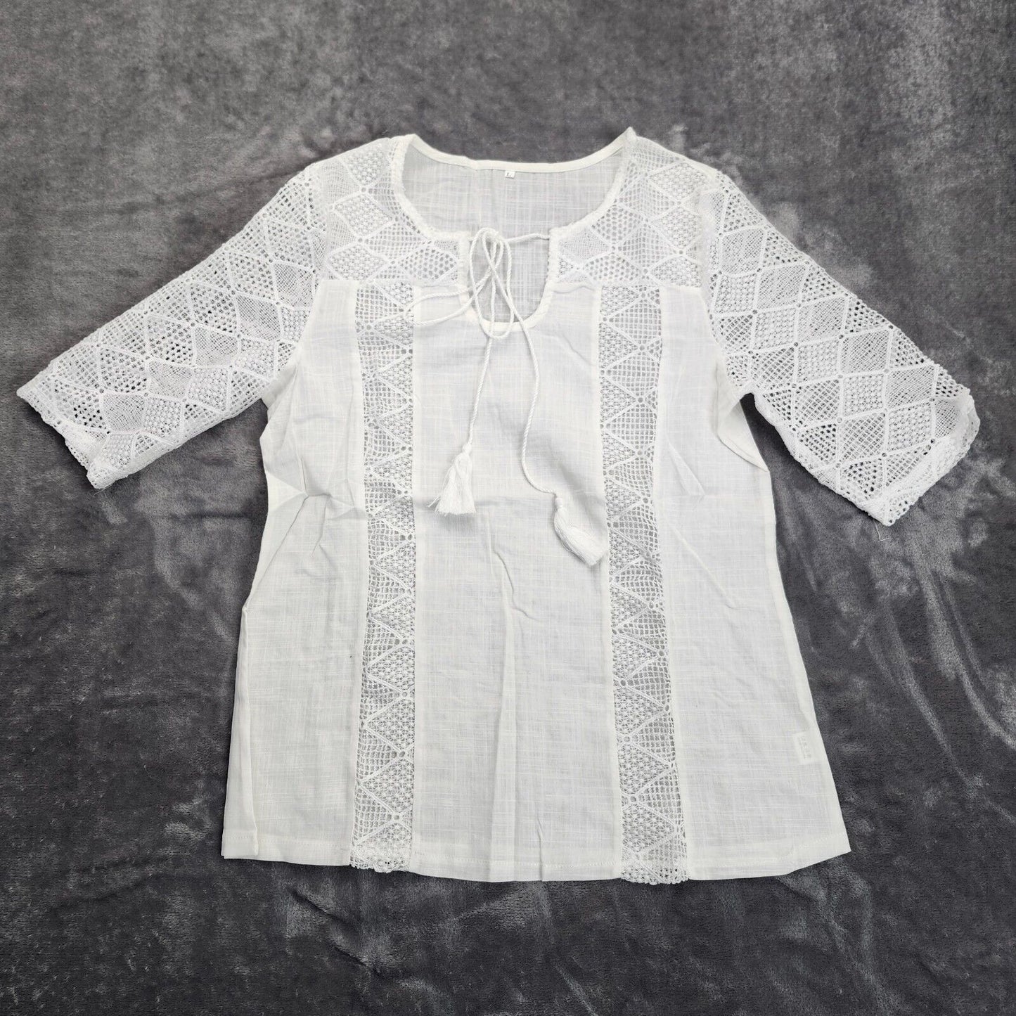 Women Summer Blouse Cotton Solid Color Hollow O-Neck 3/4 Sleeve Lace Size 2XL