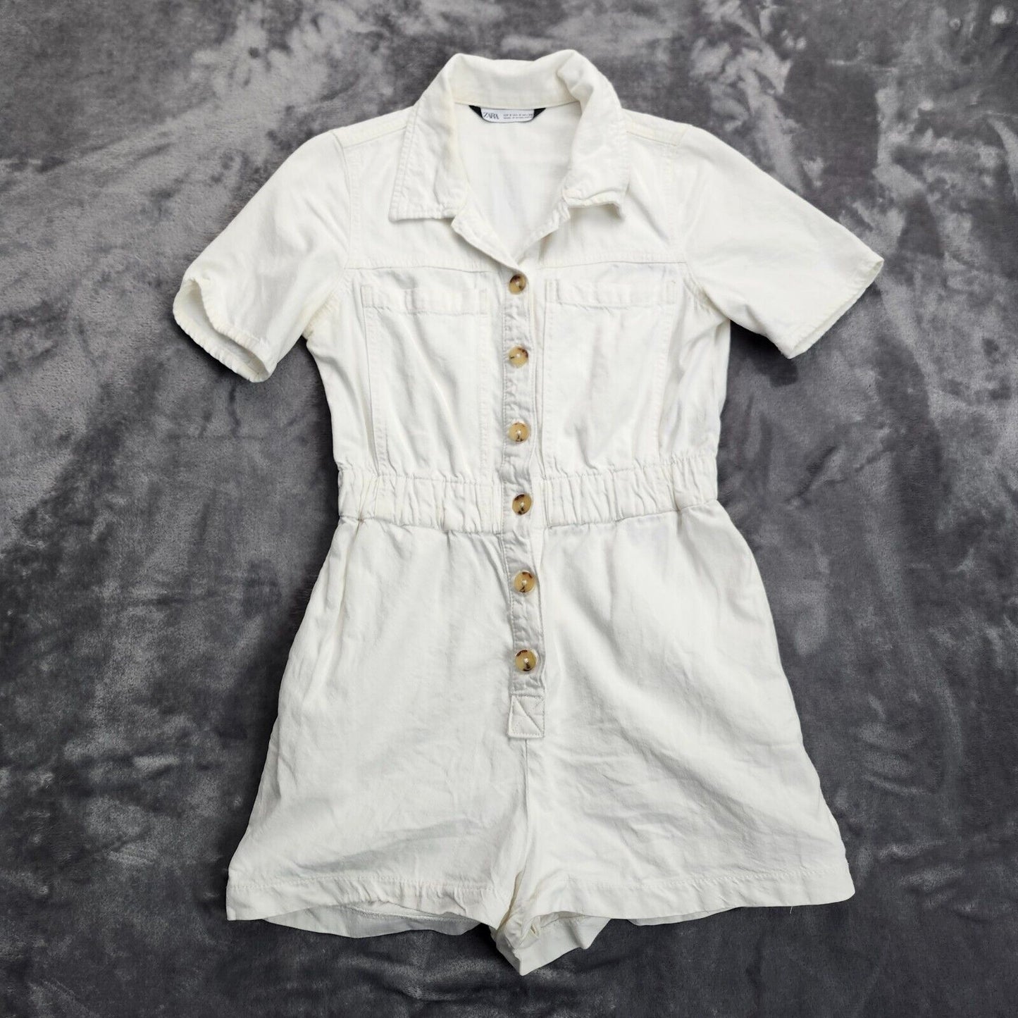 Zara Women’s Size Small Short Sleeve Button Down Denim Romper White