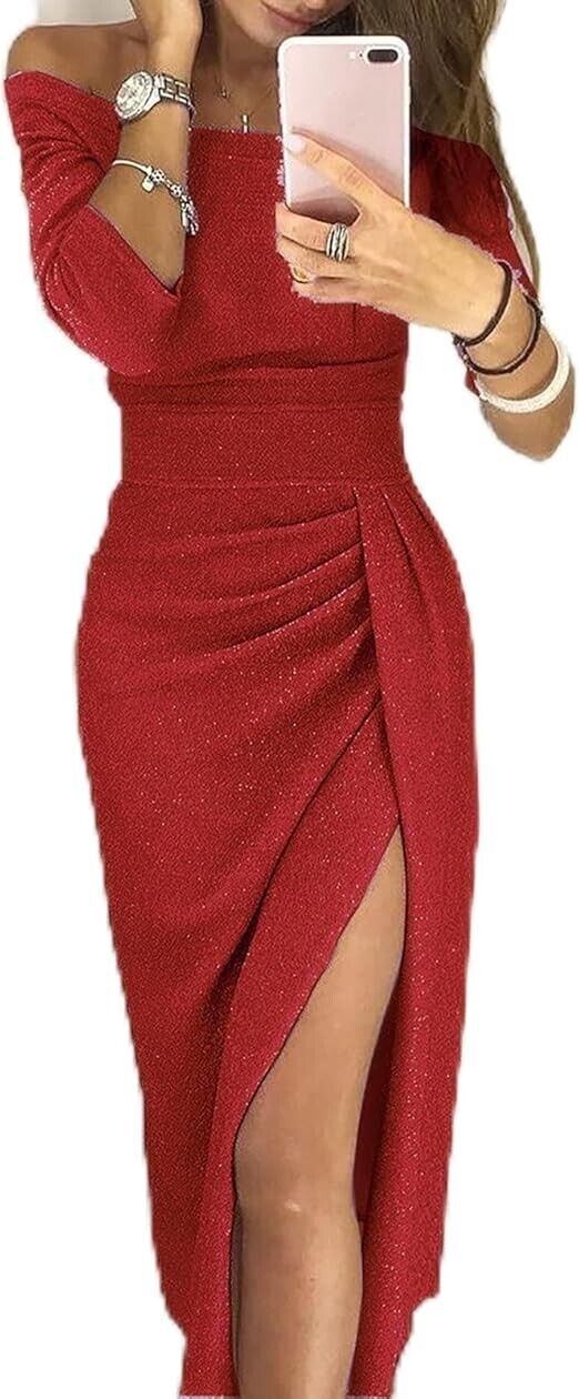 Womens Asymetrical Off Shoulder Cocktail Sparkle Dress Red Large