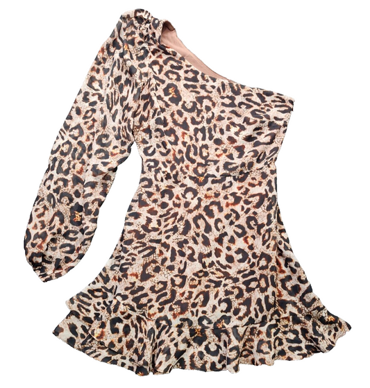 Showpo Sherlena Mini Dress - One Shoulder Dress in Leopard size 6