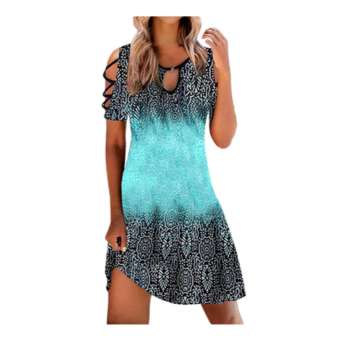 Ladies Cold Shoulder Boho Tshirt Dress Short Sleeve O-Neck Size Large