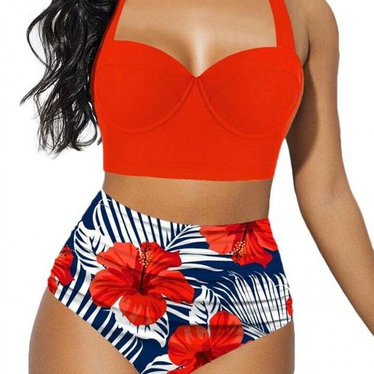 Women 2 Pcs Swimsuit High Waisted Floral Halter Bandage Bikini Set Red/Blue M