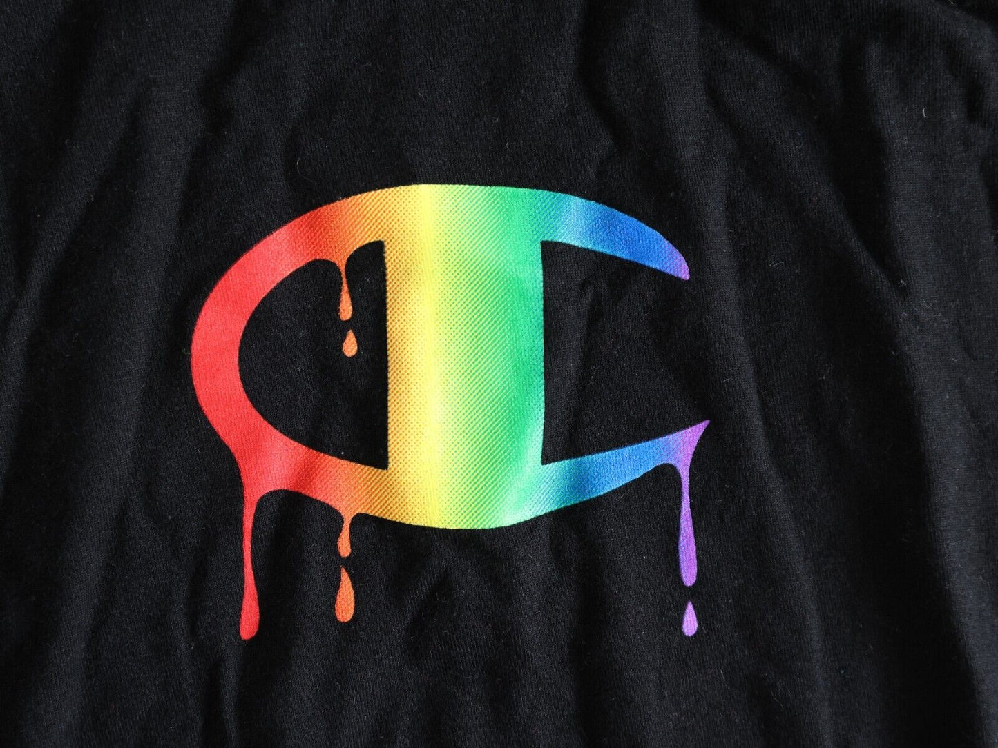 Champion Shirt Women's Small Rainbow Paint Logo Black Tee Size Large