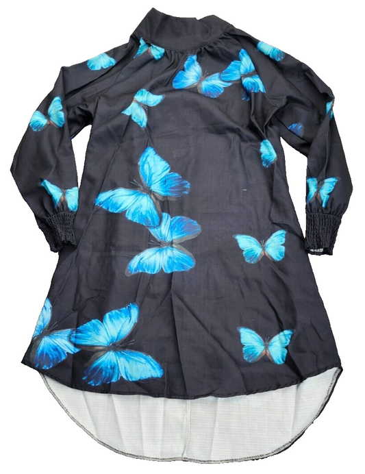 Women's Fall Dresses Cotton Linen Pleated Butterfly Printed Long Sleeve L