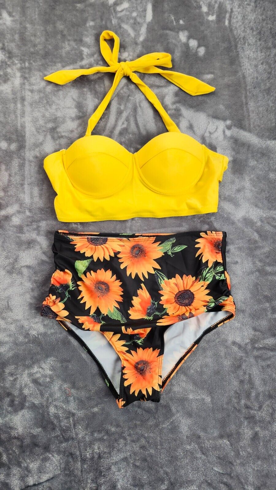 Women 2 Pcs Swimsuit High Waisted Floral Halter Bandage Bikini Set Yellow/BLK M