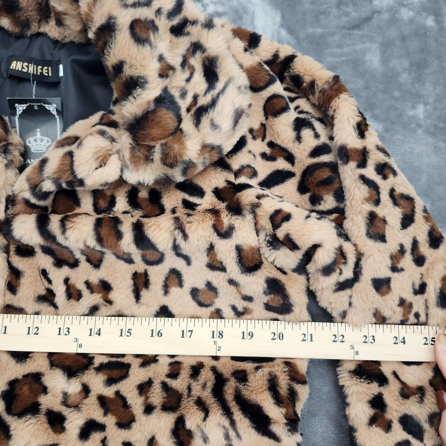 Women's Notch Collar Leopard Printed Faux Fur Long Jacket Medium