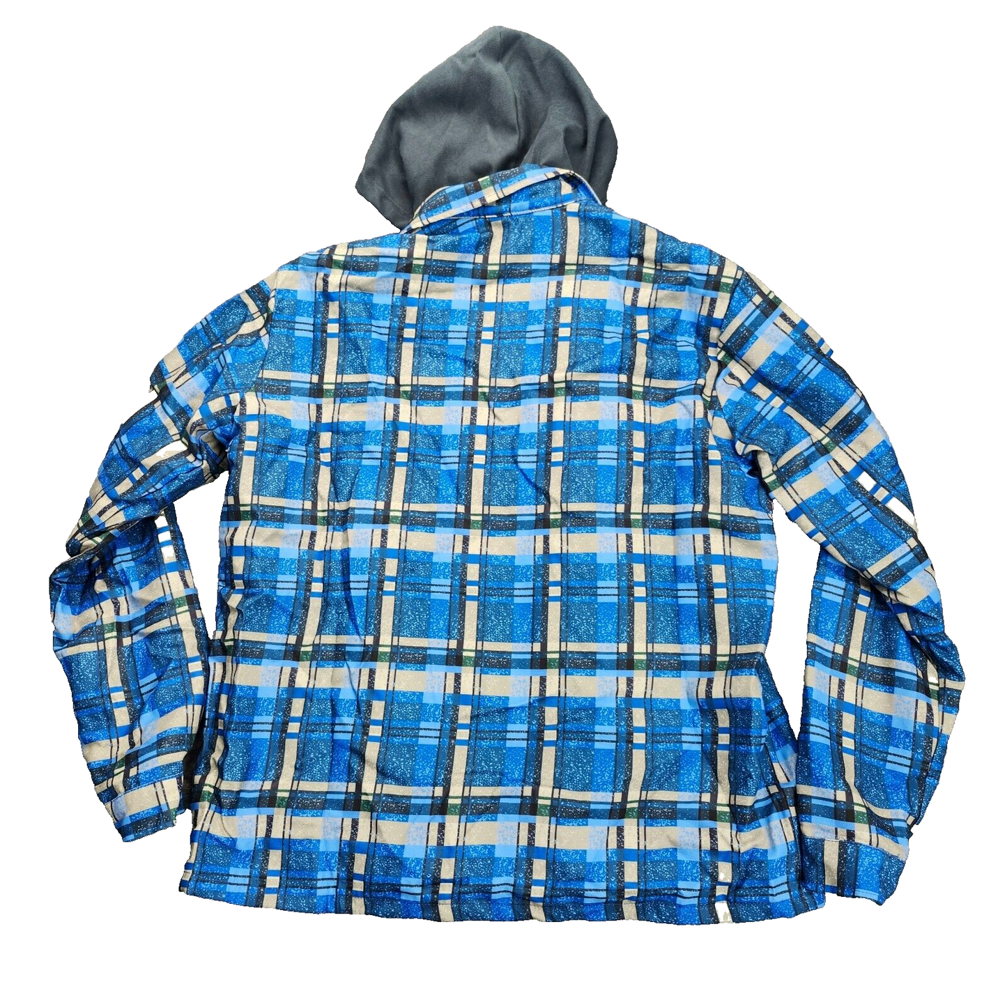 Men's Zip up Quilted Lined Button Down Plaid Jacket with Hood Blue L