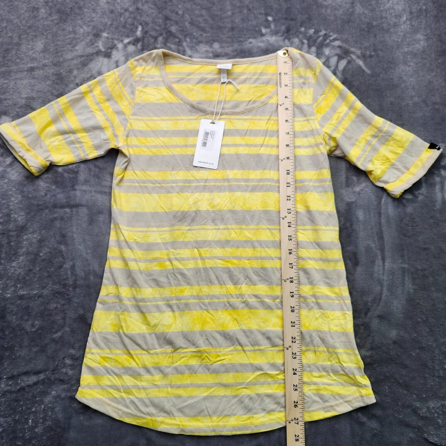 NWT Bench Urban Wear Womens 3/4 Sleeve Scoop nuck Yellow striped shirt size L