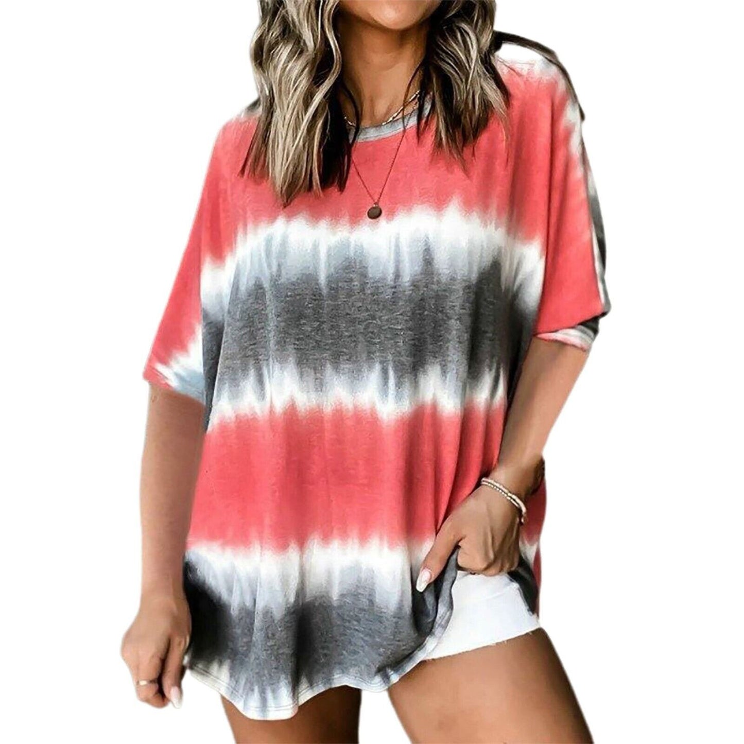 Women’s Crew Neck Short Sleeve Tie Dye Tee Shirts Red Stripes Size XL