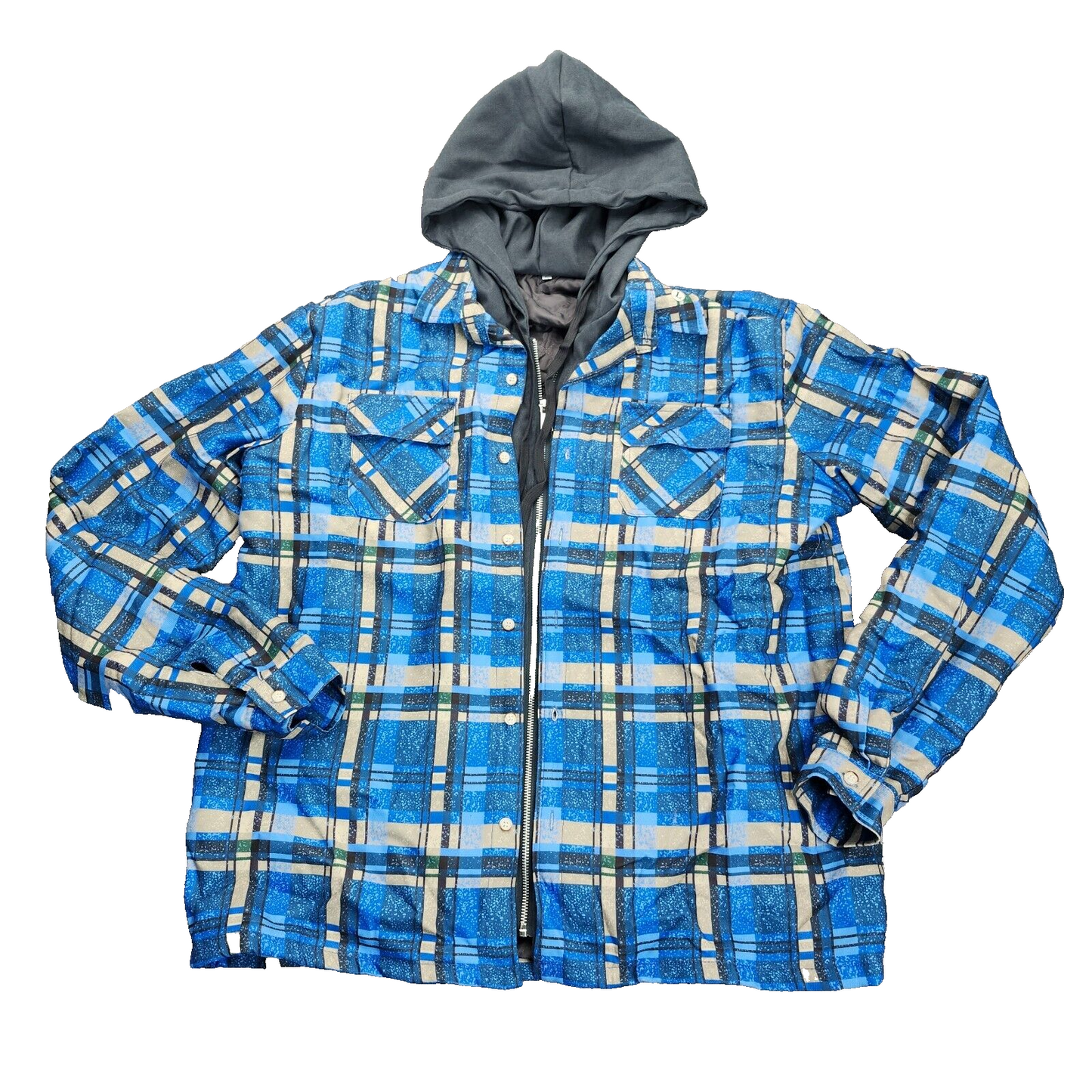 Men's Zip up Quilted Lined Button Down Plaid Jacket with Hood Blue L