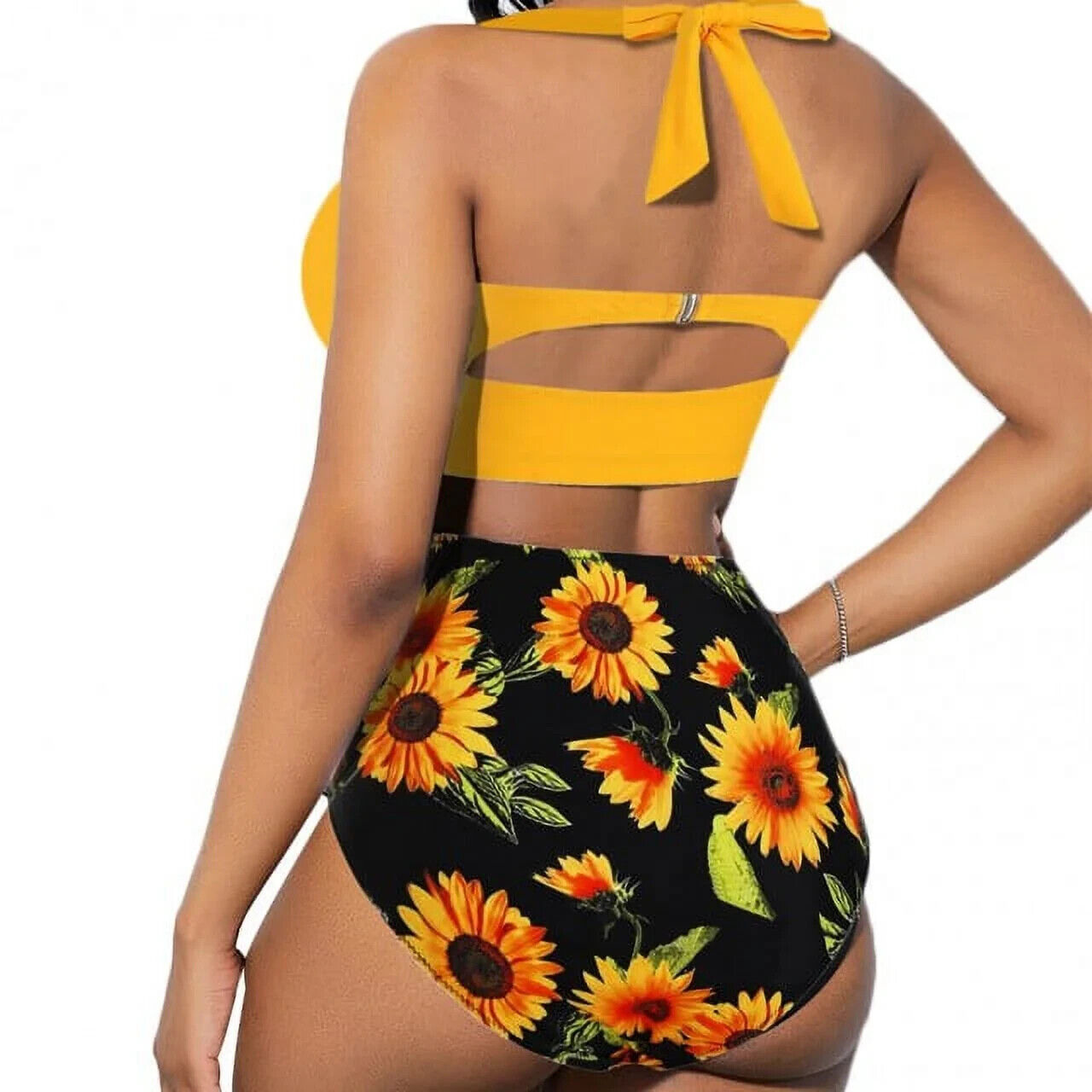 Women 2 Pcs Swimsuit High Waisted Floral Halter Bandage Bikini Set Yellow/BLK M