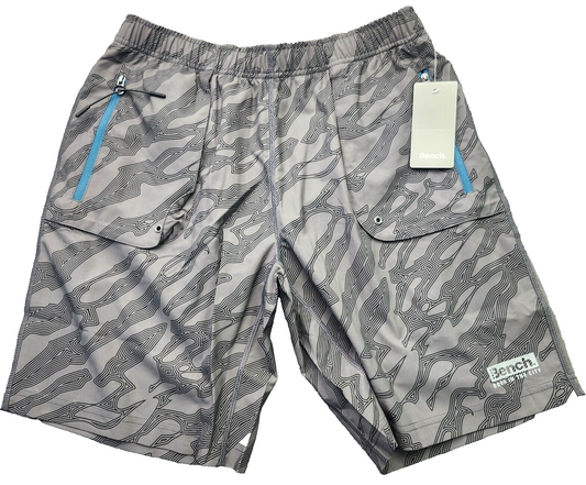 NWT Bench Urban Wear Unisex Loose fit Active shorts Size Medium Grey Topo map