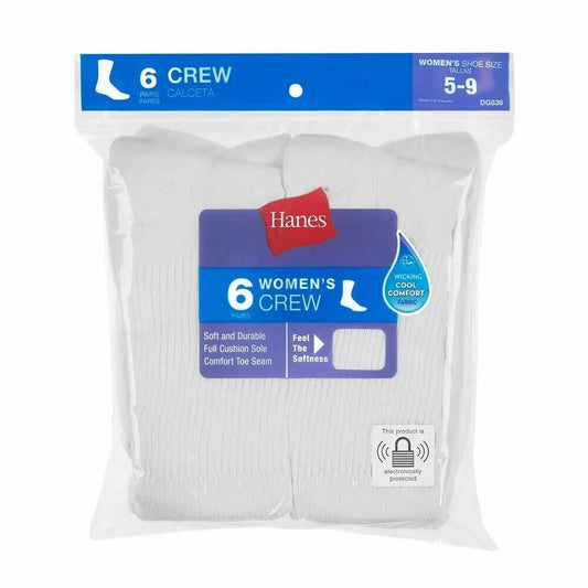 HANES WOMEN'S CREW SOCKS WHITE 6 PACK SHOE SIZE 5-9 Slightly Imperfect