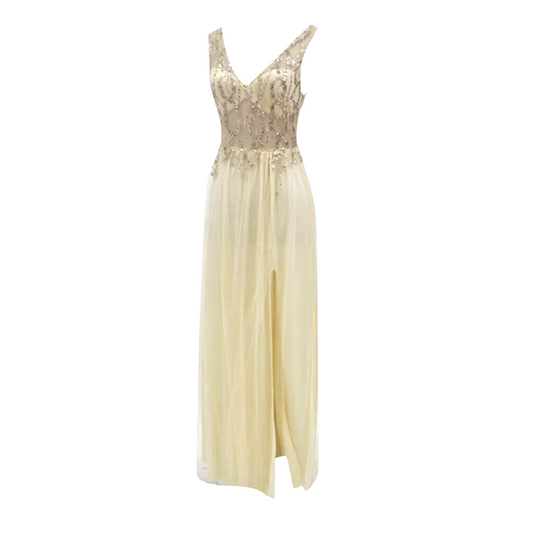 Women's Long Slim V-Neck Lace Elegant Evening Formal Dress Yellow Size 33