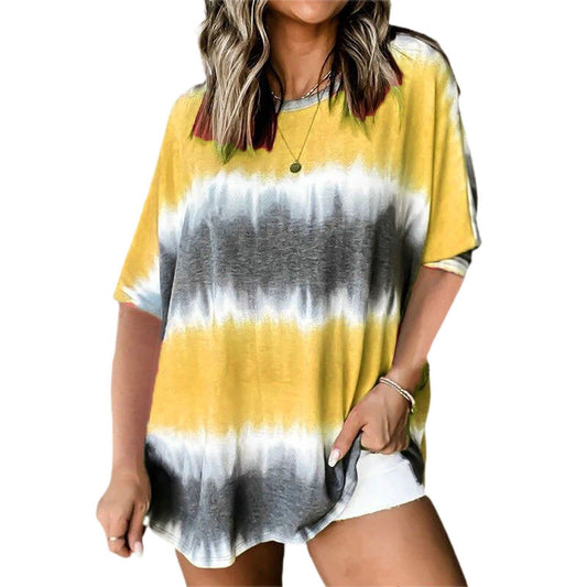 Women’s Crew Neck Short Sleeve Tie Dye Tee Shirts Yellow Stripes Size XL