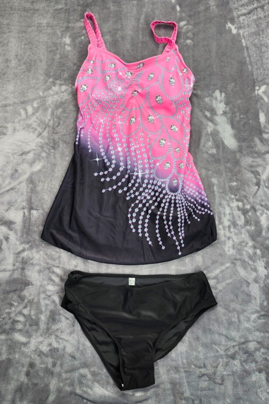 Women's 2 Pcs Swimsuit, Tankini Pink with Jewels Size Medium