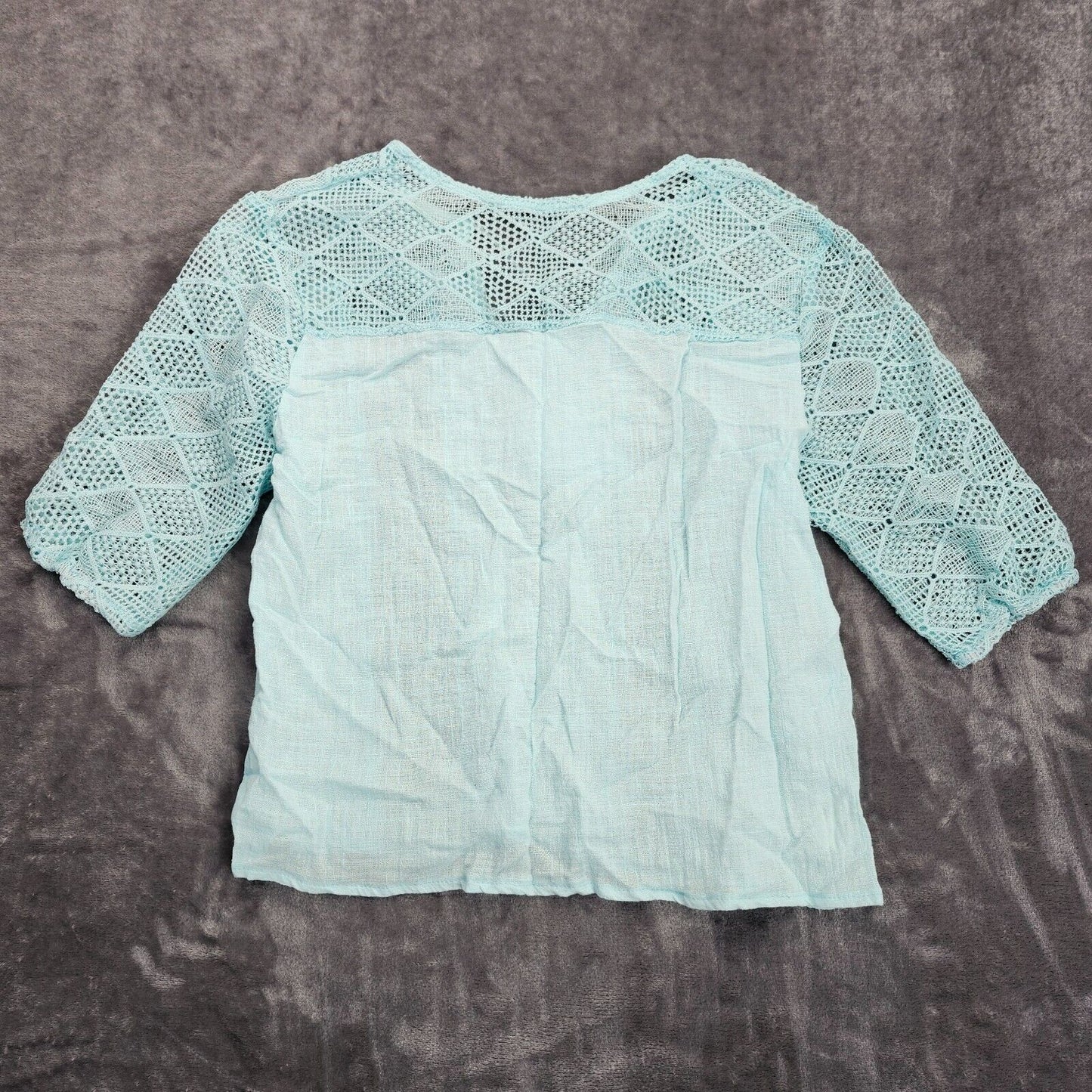 Women Summer Blouse Cotton Solid Color Hollow O-Neck 3/4 Sleeve Lace Size Large