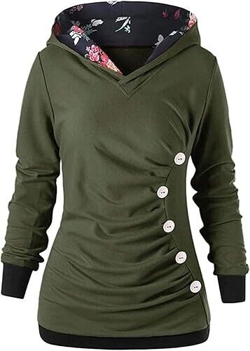 Womens Long Sleeve Button Hoodies Printed Autumn Sweatshirt Lightweight 2XL