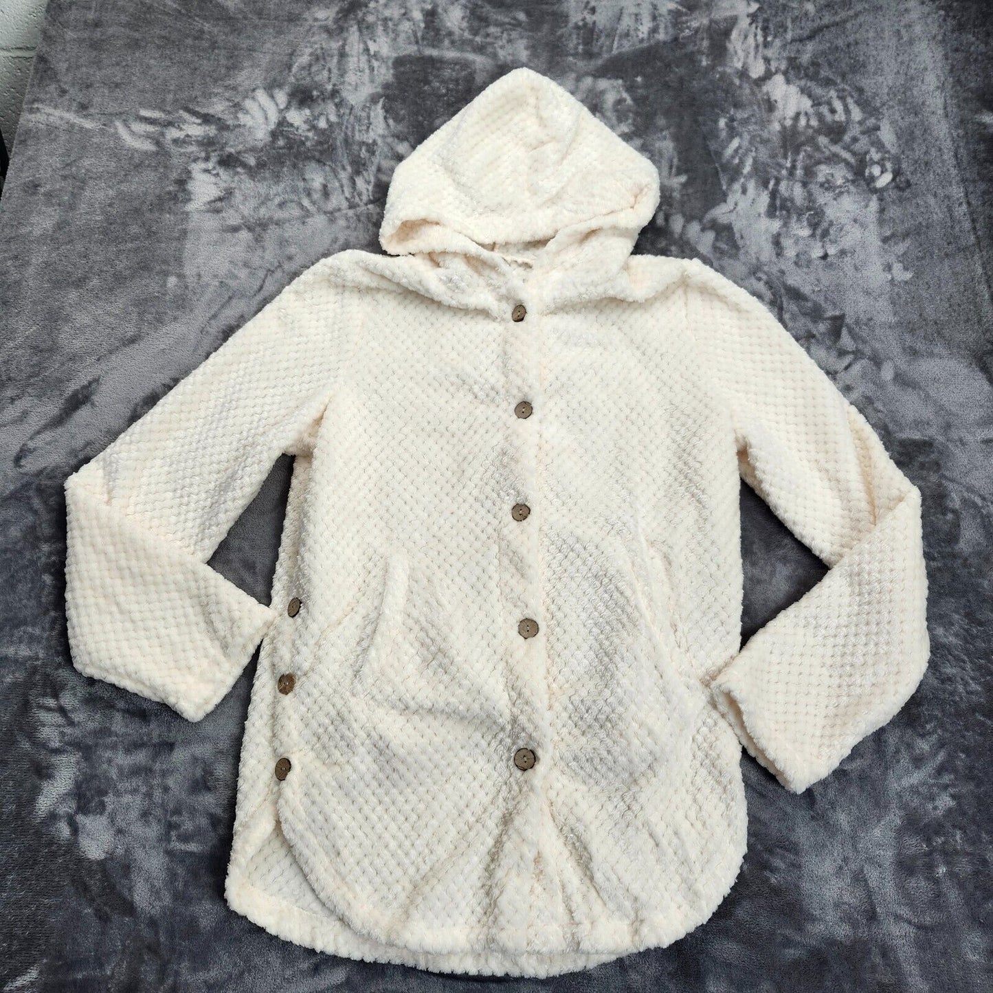 Women's Fleece Sherpa Coat Fuzzy Fleece Button Down Long Sleeve Hooded Winter L