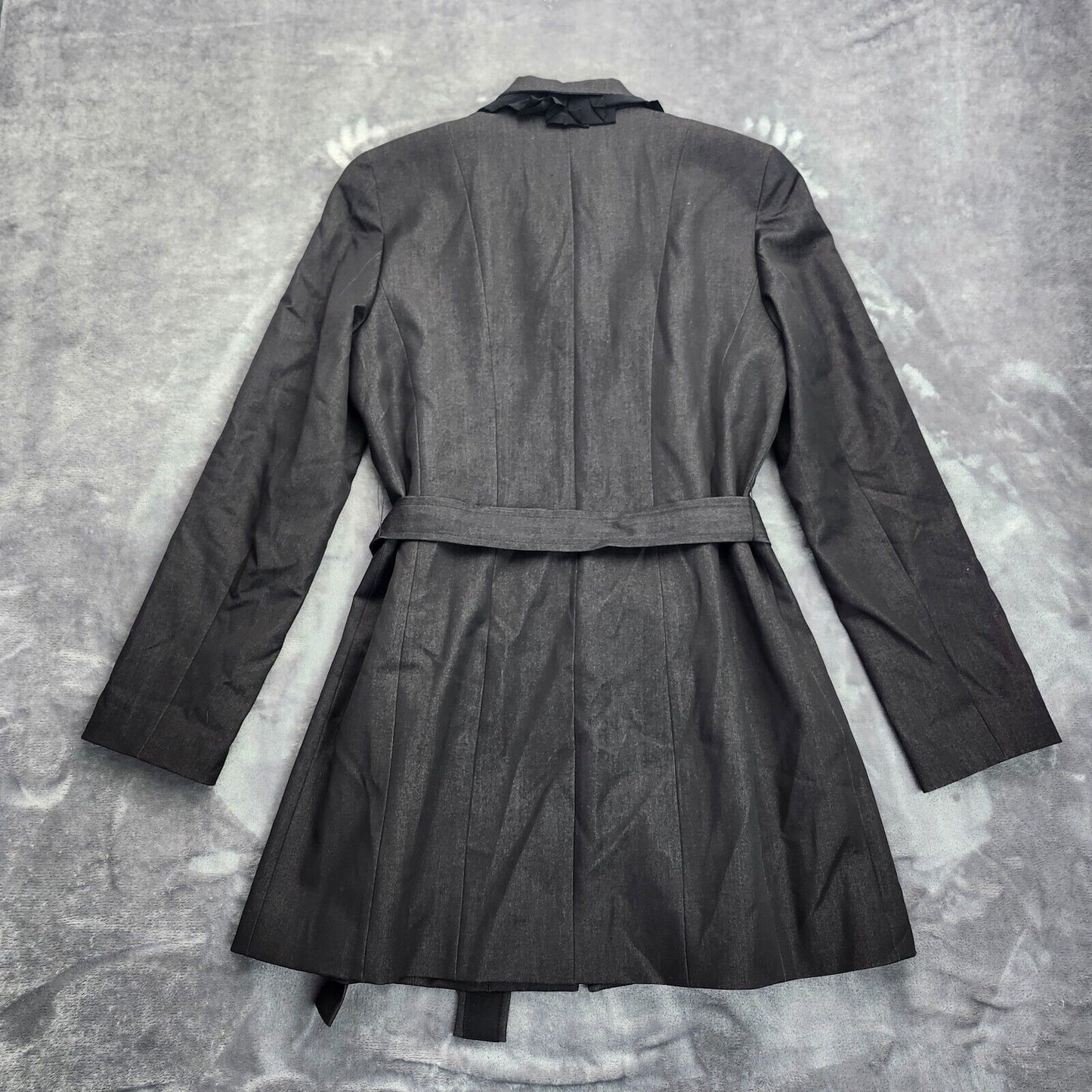 Tahari Stretch Belted Dress Coat Jacket Parka Top w/ Ruffled Collar Black Large