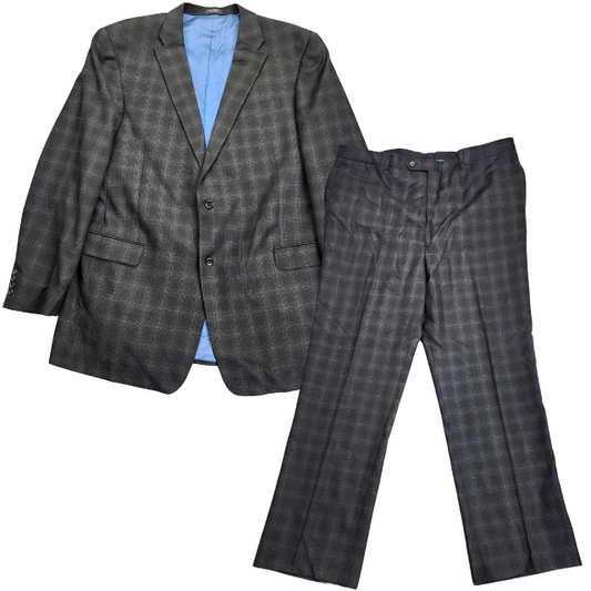 Willis and Walker 100% Wool Mens Suit Set Gray Checked Pattern SZ 52 Extra Long