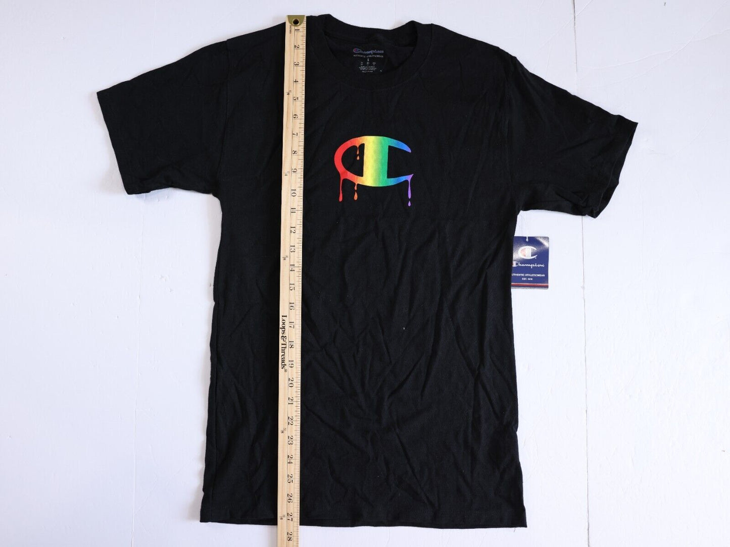 Champion Shirt Women's Small Rainbow Paint Logo Black Tee Size Small