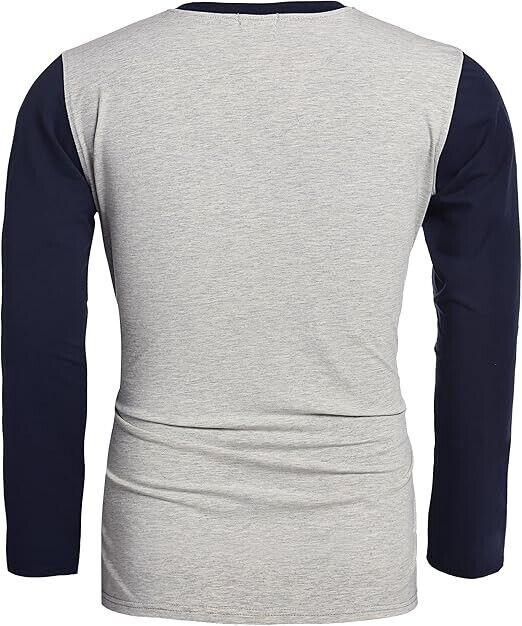 Hotouch Mens Long Sleeve Henley Slim Fit Contrast Color T-Shirt Gray Navy XL