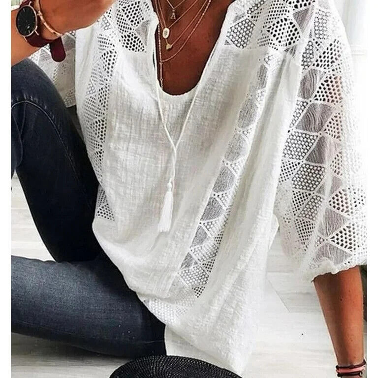 Women Summer Blouse Cotton Solid Color Hollow O-Neck 3/4 Sleeve Lace Size Large