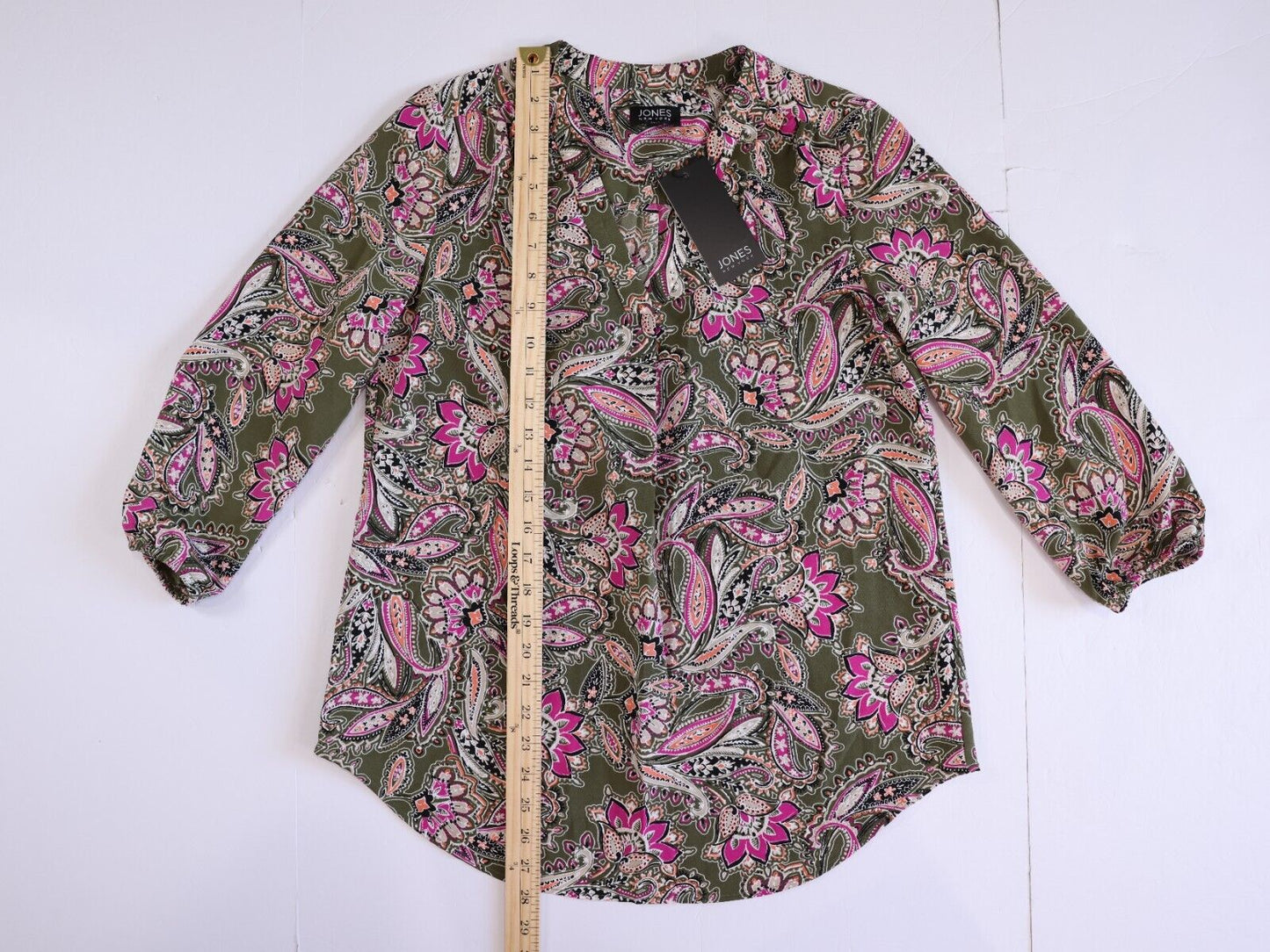 Jones New York Womens Paisley V-Neck Pleated Front Blouse Shirt Size XS