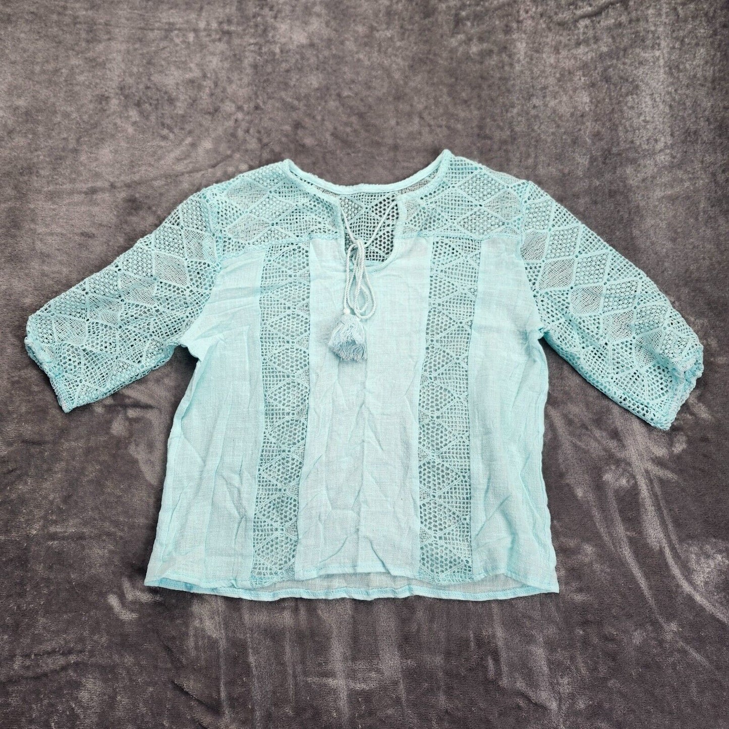 Women Summer Blouse Cotton Solid Color Hollow O-Neck 3/4 Sleeve Lace Size Large