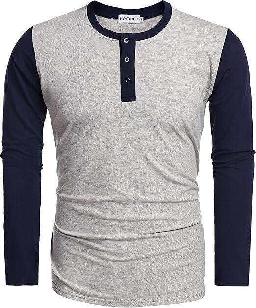 Hotouch Mens Long Sleeve Henley Slim Fit Contrast Color T-Shirt Gray Black M