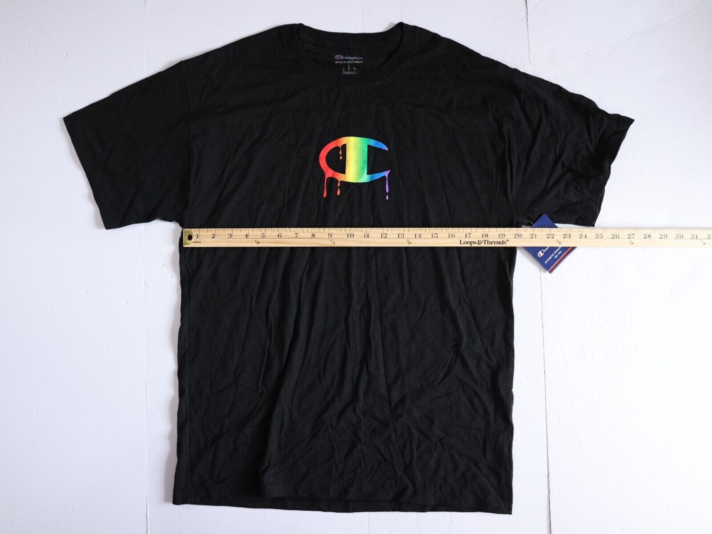 Champion Shirt Women's Small Rainbow Paint Logo Black Tee Size Large