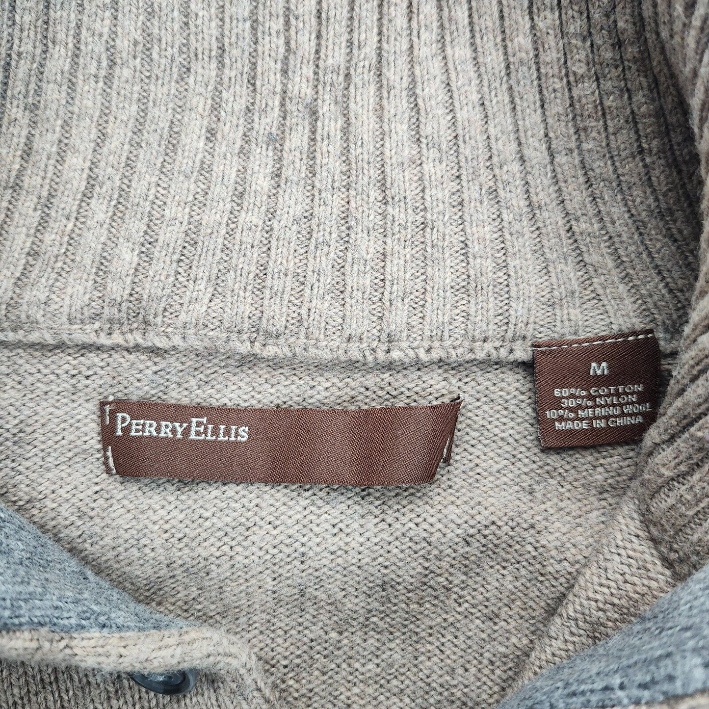 PERRY ELLIS Merino Wool Blend Collared Knit Sweater Tan size Medium