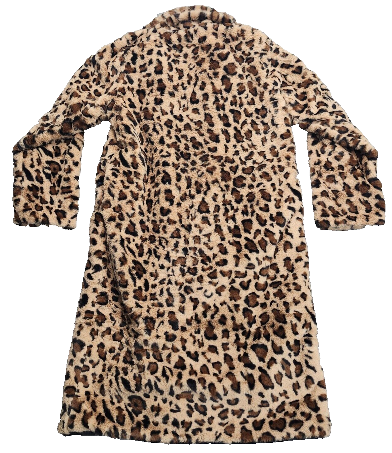 Women's Notch Collar Leopard Printed Faux Fur Long Jacket Medium