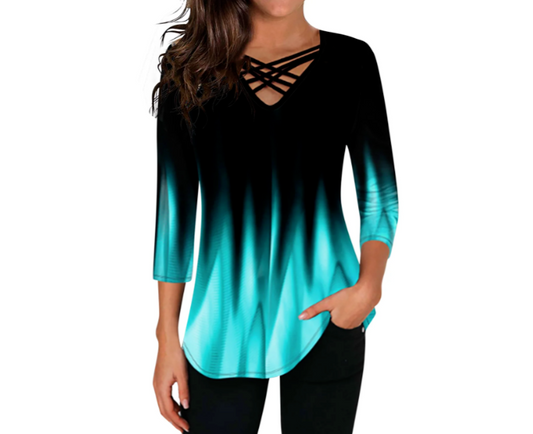 Womens Ombre Blouse 3/4 Sleeve Straps Blue Black Size Small