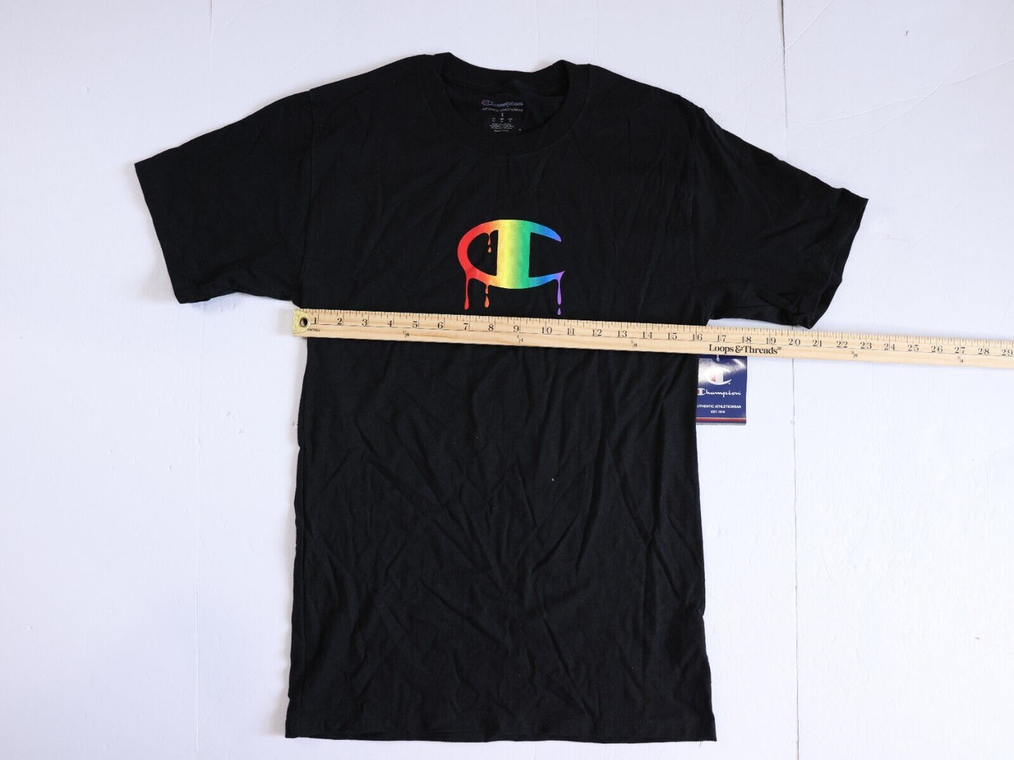 Champion Shirt Women's Small Rainbow Paint Logo Black Tee Size Small