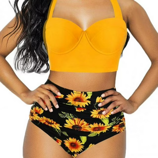 Women 2 Pcs Swimsuit High Waisted Floral Halter Bandage Bikini Set Yellow/BLK M