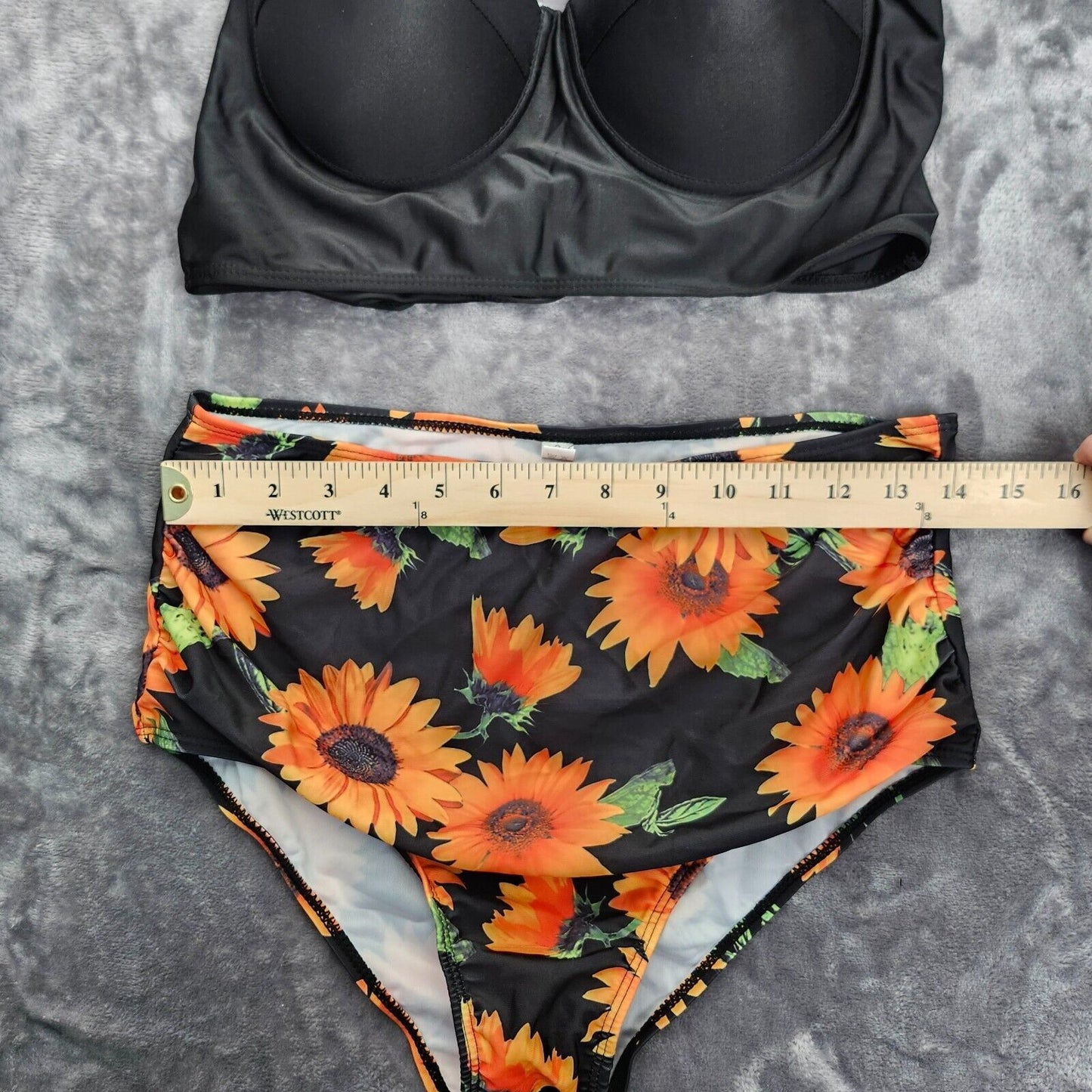 Women 2 Pcs Swimsuit High Waist Floral Halter Bandage Bikini Set Sunflow/BLK XL