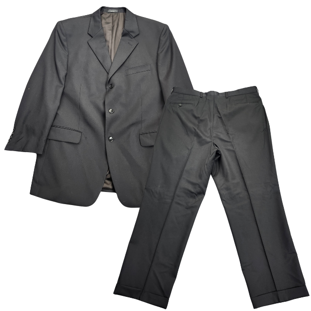 Mens Black Suit Set 100% Wool Jacket Size 44 Regular, Pants Size 37.5 Regular