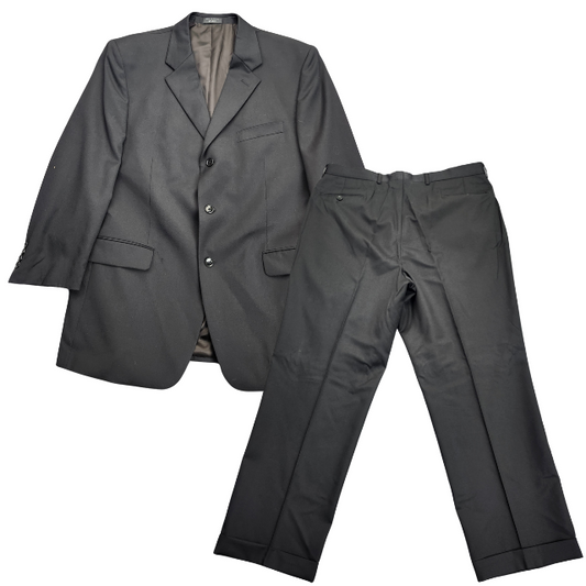 Mens Black Suit Set 100% Wool Jacket Size 44 Regular, Pants Size 37.5 Regular