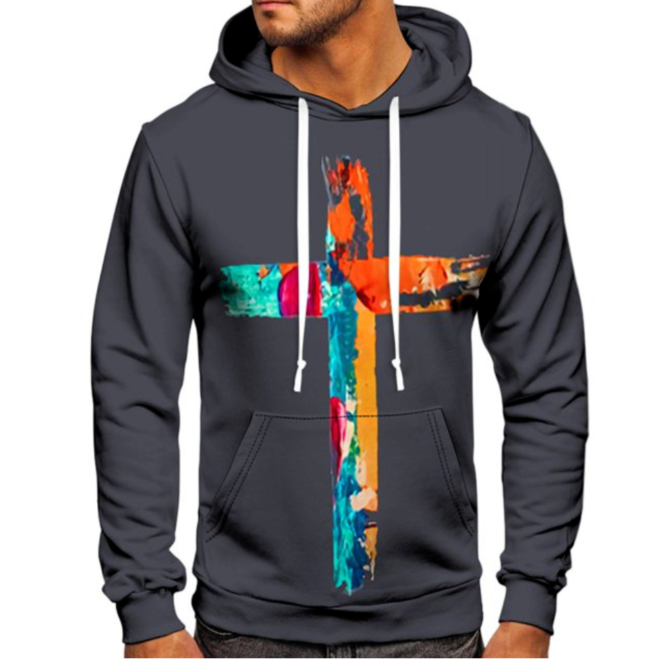 Men Graphic Design Cross Print Long Sleeve Hoodies Pocket Sweatshirt 3XL