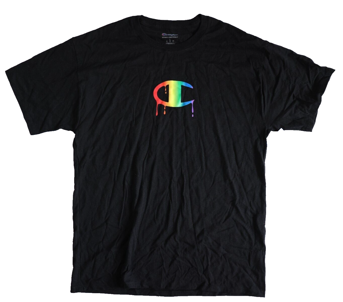 Champion Shirt Women's Small Rainbow Paint Logo Black Tee Size Large