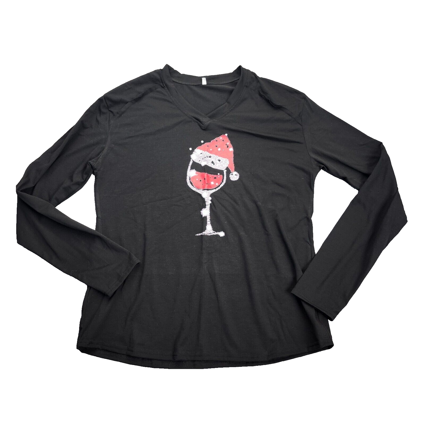 Women's Long Sleeve Christmas Red Wine Glass Graphic V Neck Xmas Blouse M