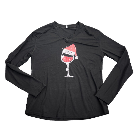 Women's Long Sleeve Christmas Red Wine Glass Graphic V Neck Xmas Blouse M