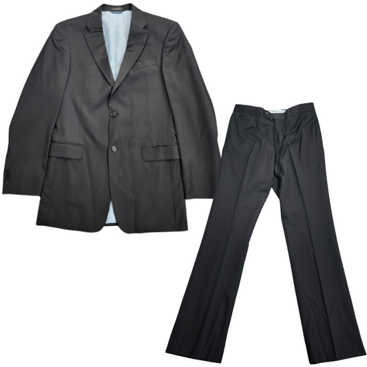 Tommy Hilfiger 100% Wool Black Suit Set Jacket Notch Lapel 38L, Pants 32L