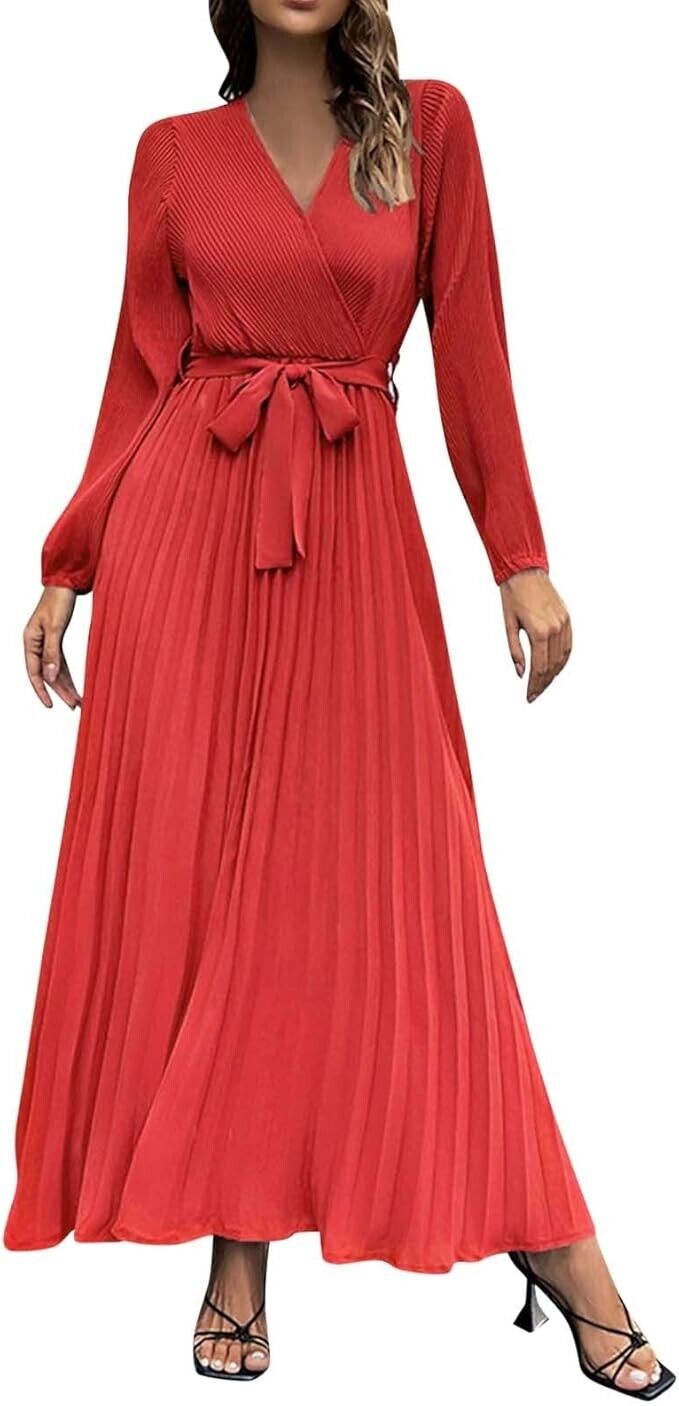 Women's Long Sleeved Pleated Dress Vintage V Neck Tie Waist Maxi Dress Red M