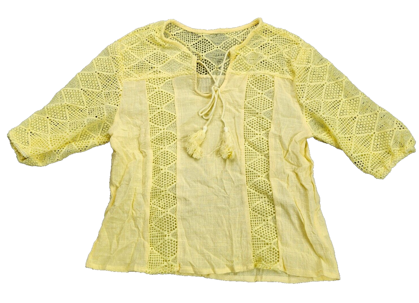 Women Summer Blouse Cotton Solid Color Hollow O-Neck 3/4 Sleeve Lace Size Large