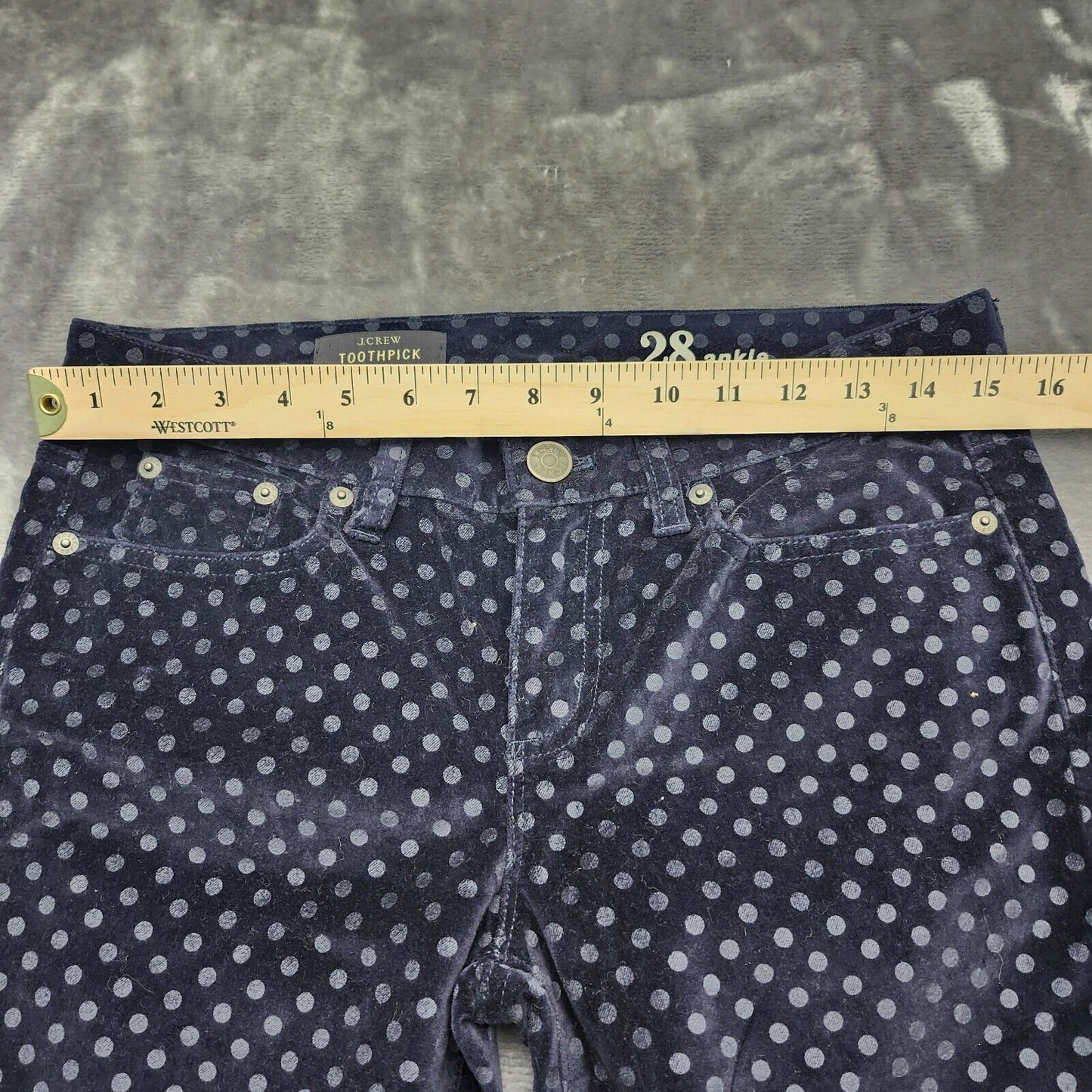 J.Crew Toothpick Skinny Ankle Pants velvet navy blue fabric with polka dots 28