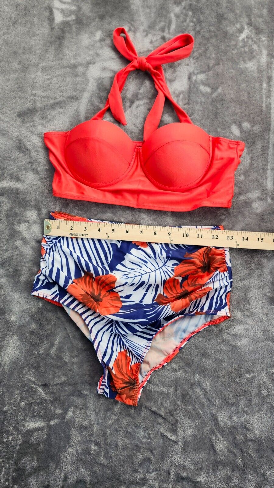 Women 2 Pcs Swimsuit High Waisted Floral Halter Bandage Bikini Set Red/Blue XL